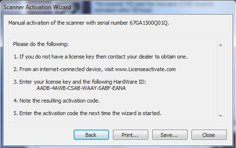 In the License Activation web form enter the scanner serial number (see label on back of scanner) or the
