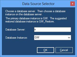 2. Click the button. This will show the Data Source Selector window. Figure 2.2 Data Source Selector Window 3. Enter a Database Server value. 4. Choose/Enter a Database Instance value.