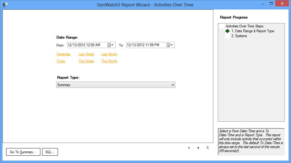 Using the Report Wizard Each report includes a Wizard to help you choose report parameters. The goal of the Report Wizard is to eliminate the need to type in report parameters.