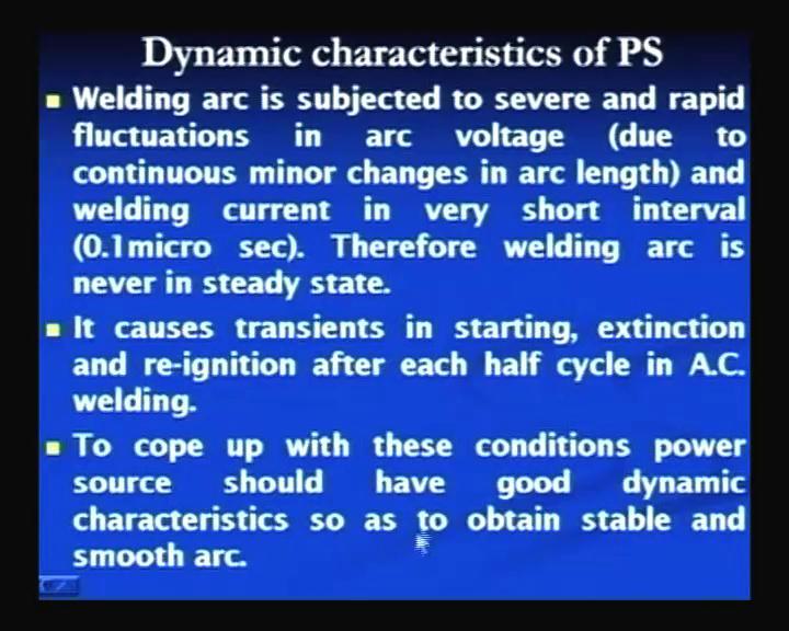 source. Well, the dynamic characteristic of the power source represents to the way by which power source responds under the actual dynamic fluctuating conditions of the arc.