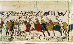 Image: Harold swears fealty to William, Duke of NOrmandy. Detail from the Bayeux Tapestry. 11th c. Wool embroidery on linen.