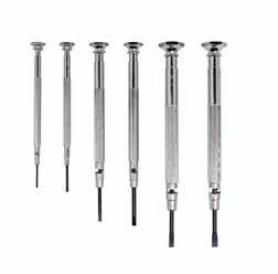 WATCHMAKER S SCREWDRIVERS Watchmaker s screwdrivers Blade: chrome vanadium, burnished Handle: metal, nickel-plated, with swivel top Blade length Blade width Total length Weight mm mm mm g 4-373 4-371