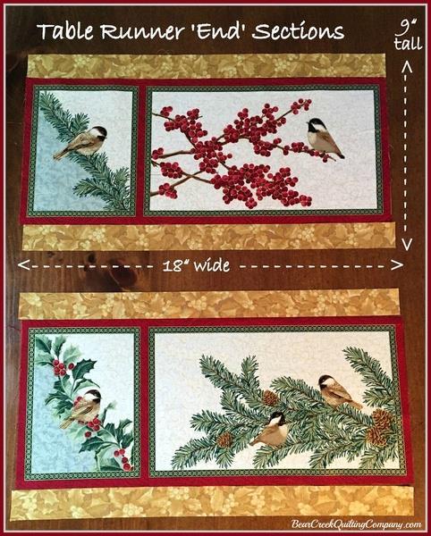 When done, you should have two 'end' sections, each 18" x 9". Next, attach the 'end' sections to either end of the 18" x 25" Chickadees and Berries Scroll Cream/Red.