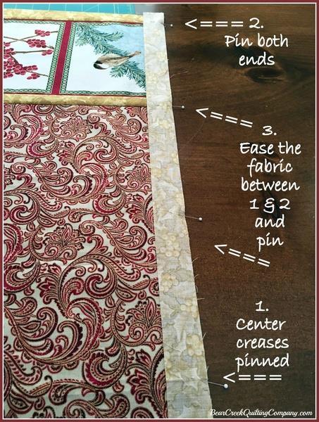 Next, I would pin the sash or border at the ends of the quilt top and then ease the remaining fabric in between the