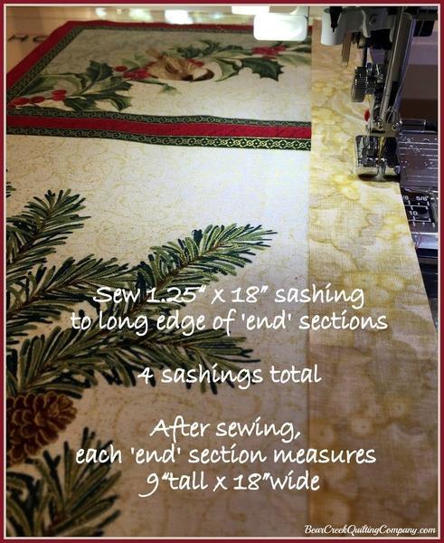 Table Runner Piecing: Start with the top and bottom sections of the panel, each 18" wide