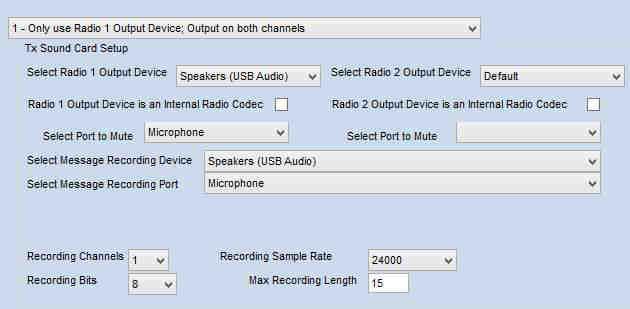Set Radio 1 Output Device to the sound card attached to microkeyer. 19. Set Port to Mute to microphone. 20. Set Message Recording Device to the sound card attached to microkeyer.