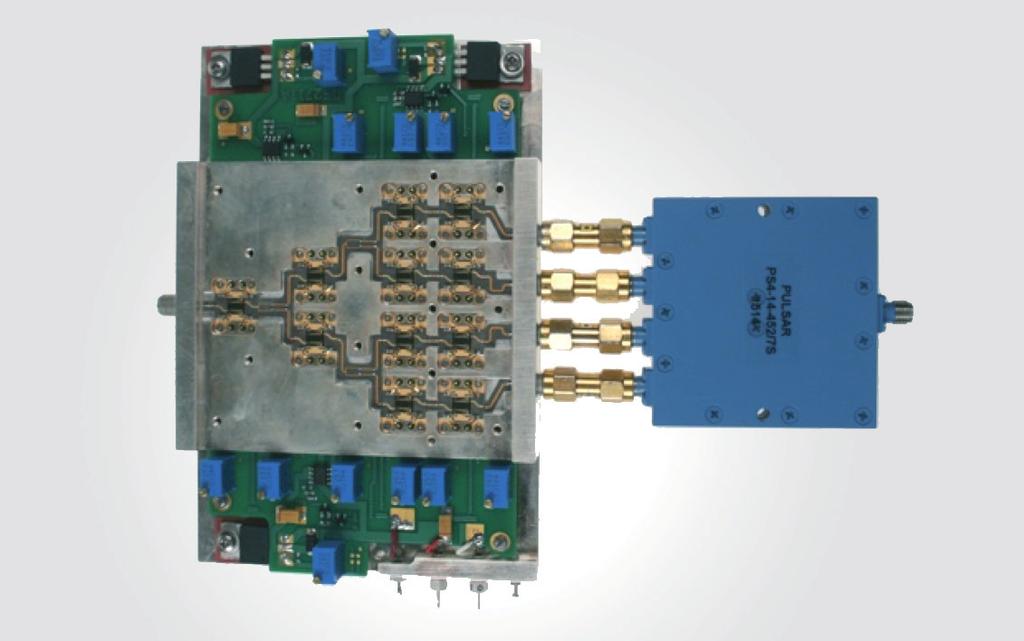 Figure 9 shows the four MMICs going into the low-loss combiner. Figure 10 shows the results of the Wilkinson power combiner/dividers designed in NI AWR Design Environment.