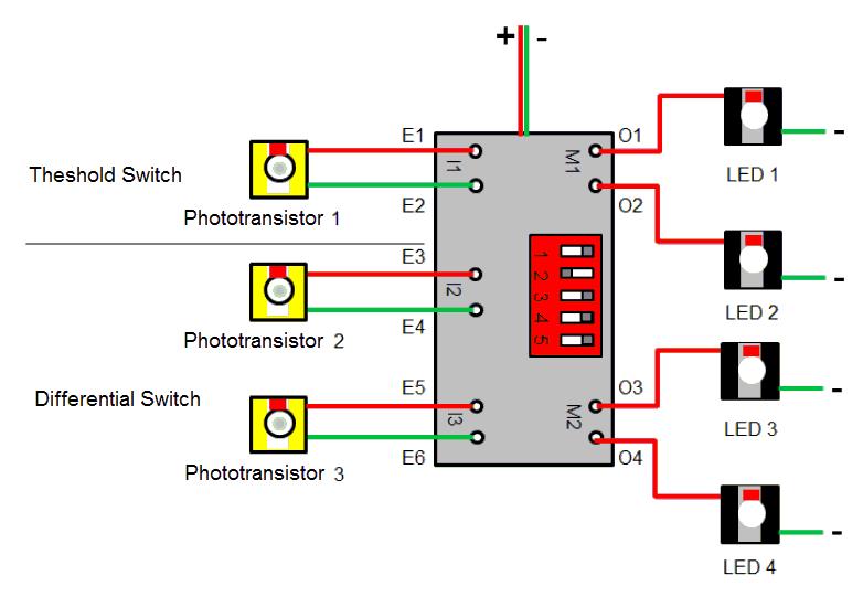 .4 Other Functions.4. Threshold and differential switch (analog comparator) Threshold Switch I = Phototransistor Pot = Set point adjustment O = 9V, when E2 exceeds the set point set by the