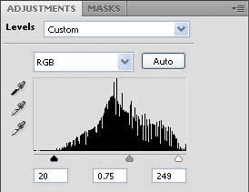 5 In the Levels panel, drag the left triangle to the right to the point where the histogram indicates that the darkest colors begin.
