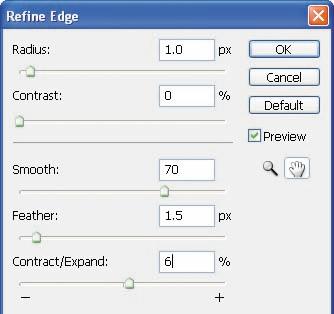 5 Click OK. The Refine Edge dialog box lets you modify your selection with more precision. In this case, using it creates a smoother transition to the clean bricks.