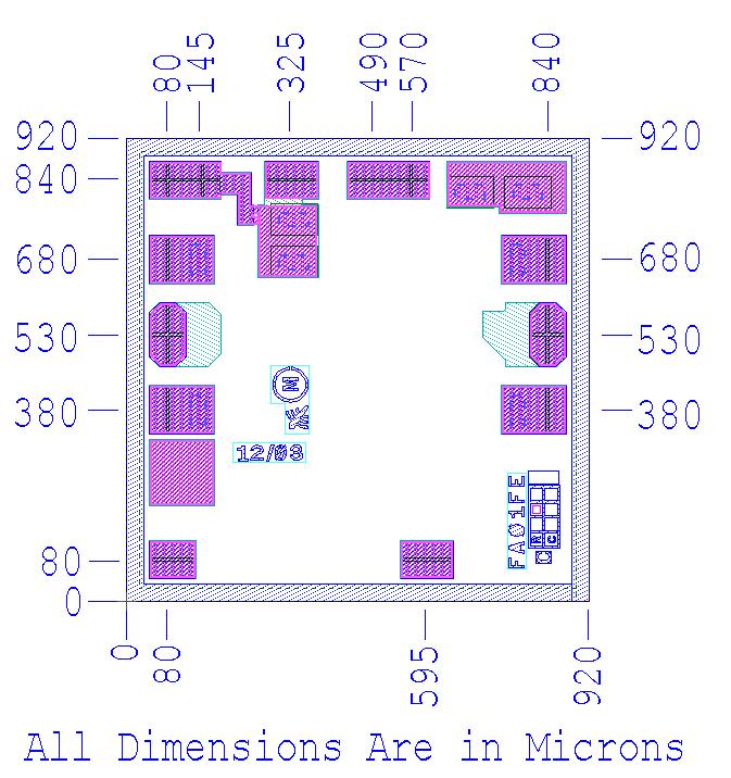 Chip layout showing pad locations. All dimensions are in microns. Die thickness is 100 microns.