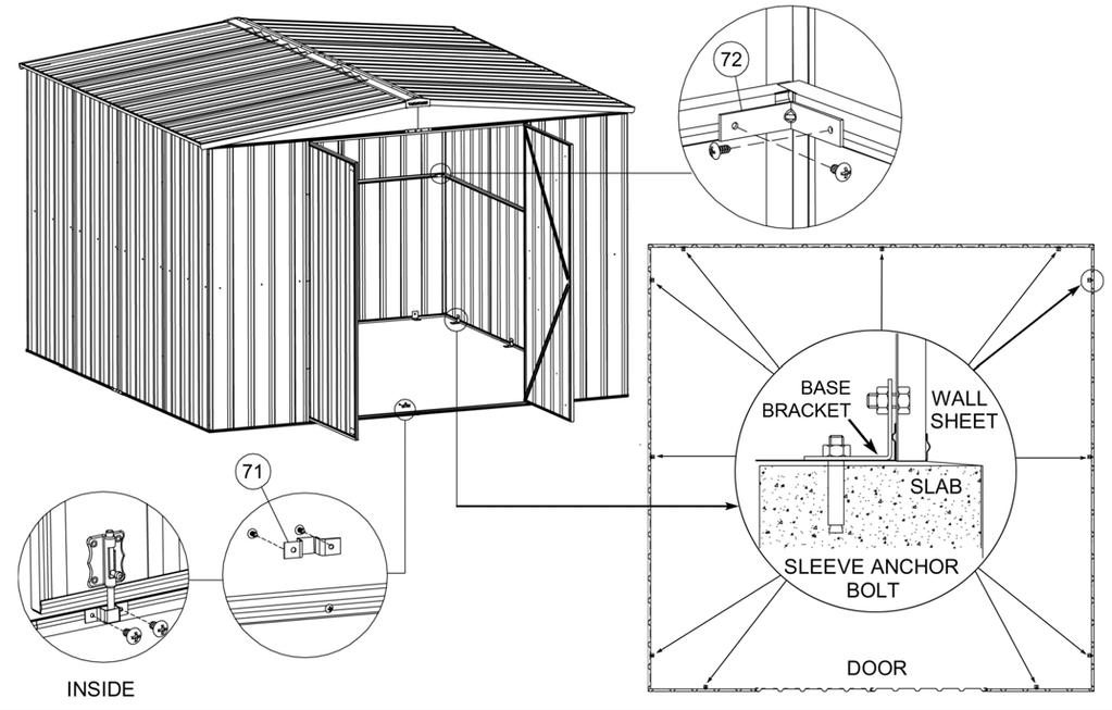 Where the mid wall channels on the inside of the shed meet at the corners, strenghten them by applying a bracket (72) as