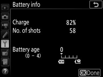 Battery Info View information on the battery currently inserted in the camera. G button B setup menu Item Description Charge The current battery level expressed as a percentage.