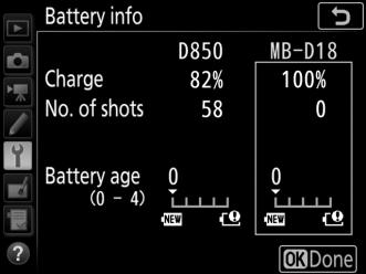 A The MB-D18 Multi-Power Battery Pack The display for the MB-D18 is shown in the illustration. In the case of EN-EL18b batteries, the display shows whether calibration is required.