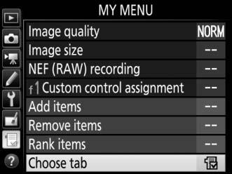 Recent Settings To display the twenty most recently used settings, select m RECENT SETTINGS for O MY MENU > Choose tab. 1 Select Choose tab.