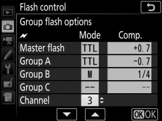 Group Flash Select this option to adjust settings separately for each group. 1 C: Select Group flash for Flash control > Remote flash control in the photo shooting menu.