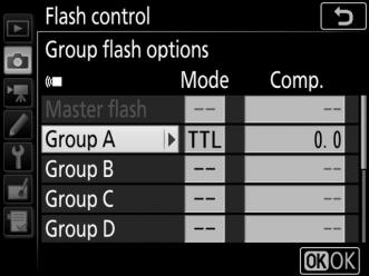 3 C: Choose the flash control mode. Choose the flash control mode and flash level for the master flash and the flash units in each group: TTL: i-ttl flash control.