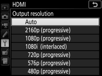 HDMI Options The HDMI option in the setup menu (0 178) controls output resolution and other advanced HDMI options. Output Resolution Choose the format for images output to the HDMI device.