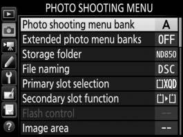 C The Photo Shooting Menu: Shooting Options To display the photo shooting menu, press G and select the C (photo shooting menu) tab.