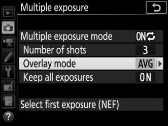 4 Choose the overlay mode. Highlight Overlay mode and press 2, then press 1 or 3 to choose the desired mode and press J to select. 5 Choose whether to keep individual exposures.