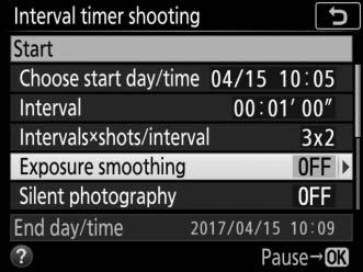To choose the number of shots per interval: Highlight Intervals shots/ interval and press 2.