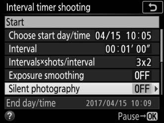 To enable or disable exposure smoothing: Choose the number of intervals and the number of shots per interval and press J. Highlight Exposure smoothing and press 2.
