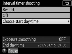 Pausing Interval Timer Photography Interval timer photography can be paused between intervals by pressing J or selecting Pause in the interval timer