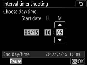 To resume shooting at a specified time: For Choose start day/ time, highlight Choose day/time and press 2.