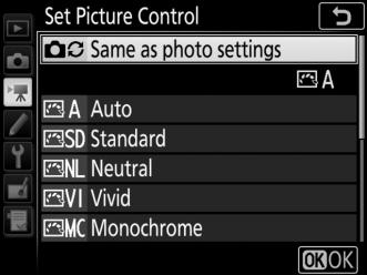 G button 1 movie shooting menu Set Picture Control Choose a Picture Control for movies (0 52).