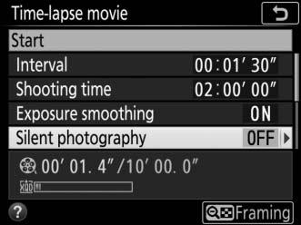 To enable or disable exposure smoothing: Highlight Exposure smoothing and press 2. Highlight an option and press J. To enable or disable silent photography: Highlight Silent photography and press 2.