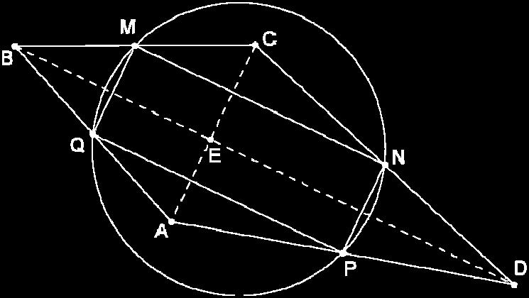 Soluție: Fie M, N, P și Q mijloacele segmentelor BC, CD, DA, respectiv AB şi E punctul de intersecţie al dreptelor AC şi BD. Cum MQ este linie mijlocie în triunghiul ABC, AC rezultă că MQ AC și MQ.