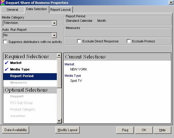 II. Step 2: Filling in the Data Selections The Data Selection screen contains two sections: Required Selections and Optional Selections.