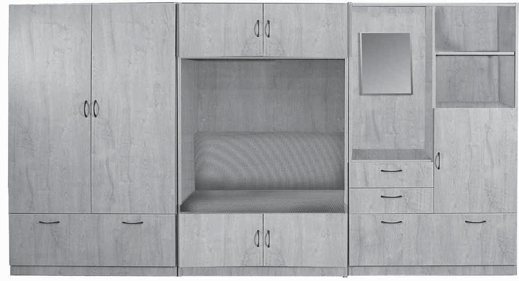 PRAXIS SIN-71-315 Front CHARACTERISTICS Modular Wall Storage System Open and Enclosed Storage Wardrobe Coat Rod Options Small, Medium and Large Drawers 4 Drawer/Door Options Adjustable Floor Glides