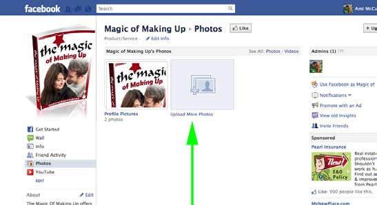 Adding Photos to Your Facebook Page To start, you will want to click the Photos tab on the left hand navigation menu to