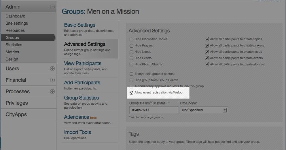 Once your City is set up to use the Wufoo plugin, it's up to a Group Administrator to turn the feature on for the groups who need to use it. To enable Wufoo registration for a group 1.