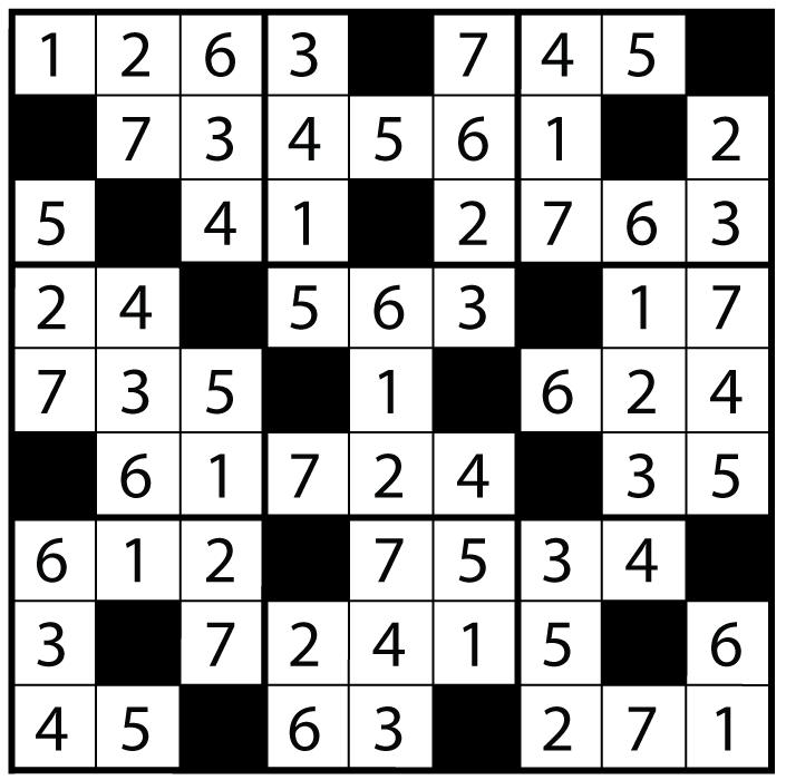 3. Dynasty Sudoku (Wei-Hwa Huang) 10 points Follow Classic Sudoku Rules using the digits 1 through 7 and two black cells in each row, column, and 3x3 region.