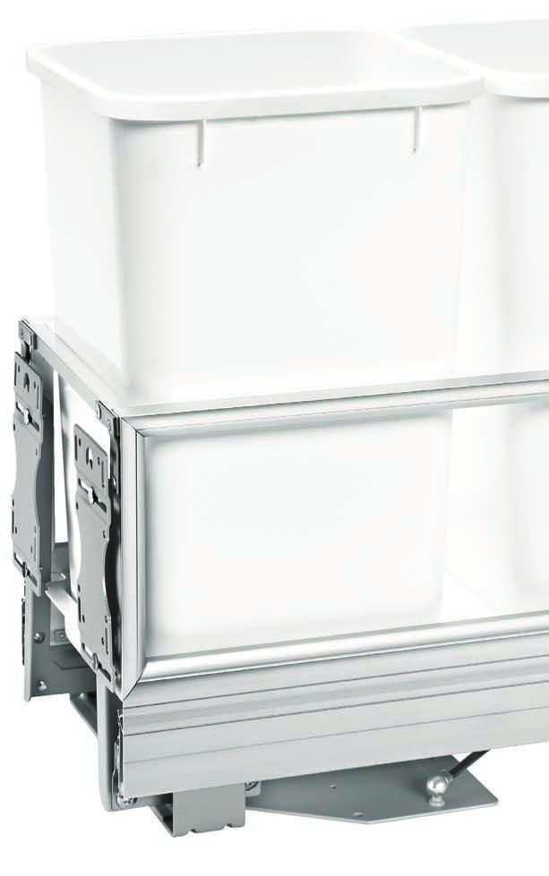 polymer containers, available in metallic silver or white Single and double 32 qt. stainless steel containers Full-extension with 1-1/2 over-travel, ball-bearing, 150 lb.
