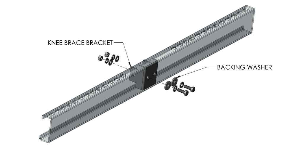 Attach the upper knee brace rail to the ends of the PV module channel rails using 3/8 x 1 hardware (hex bolt, flat washer, lock washer, and hex nut). Tighten to 240 in-lbs. D.