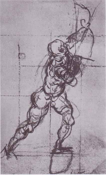 Tintoretto was known for the speed with which he created his sketches and paintings. His hasty style is evident in the short quick lines that bring this figure to life.