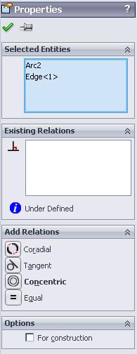 3.13 In the Add Relations sub-section of the PropertyManager, select the Coradial relation.