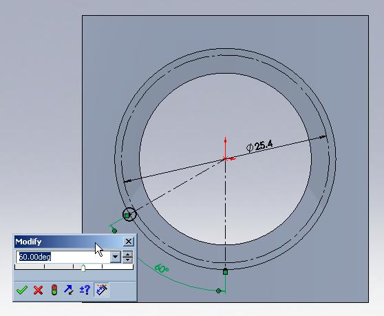 6 Now, to define the diameter of kinematic contact point, the small circle should be aligned tangentially with the 25.