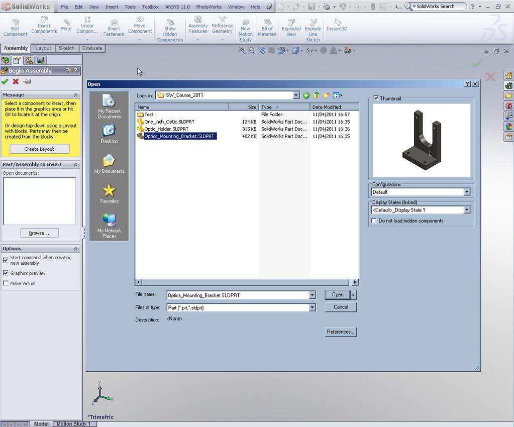 TUTORIAL PART 2 Assemblies SolidWorks Assembly Environment interface is very similar to the Part Creation interface, however the tools are somewhat different.