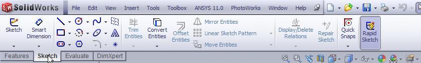 1.3 From the Command Manager Toolbar, select the Sketch tab (see below) 2 Drawing the Part 2.