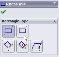2.3 Select the Rectangle tool. Notice that there are several options on how to draw the rectangle shown in the PropertyManager panel on the left hand side of the GUI.