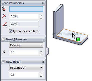 6. Click Sheetmetal>Insert Bends, click flat face as reference