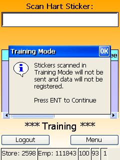 TRAINING GUIDE - Continue NOTE: In addition to displaying ***Training*** at the bottom of the screen, the screen color will change from blue (