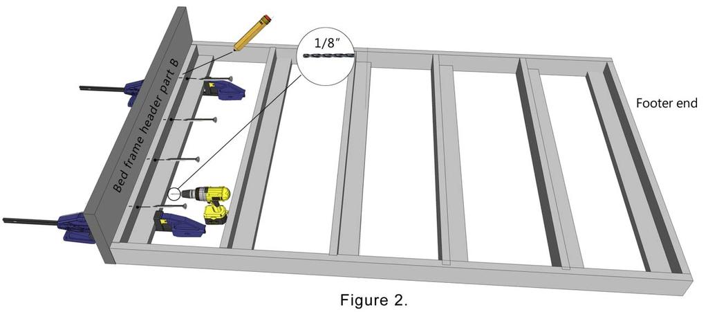 Use 2 wood clamps to clamp the bed header frame, part B to the inner bed frame as in figure 1.