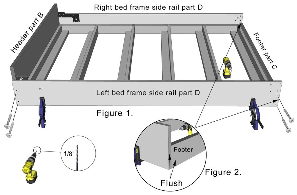 Construction Guide Queen, Double & Twin Vertical 24 Section 10: Mounting the Bed Side Rails to the Inner Bed Frame Step 1 Use 2 wood clamps to clamp the left side frame side to the inner bed frame as