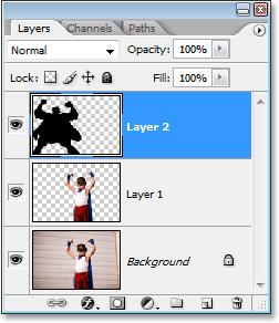 Step 7: Drag The Shadow Image Between The Background Layer and Layer 1 We have the image we want to use as our shadow inside the original photo and we ve filled it with black.