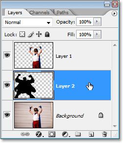 Photoshop s Layers palette showing our three layers.